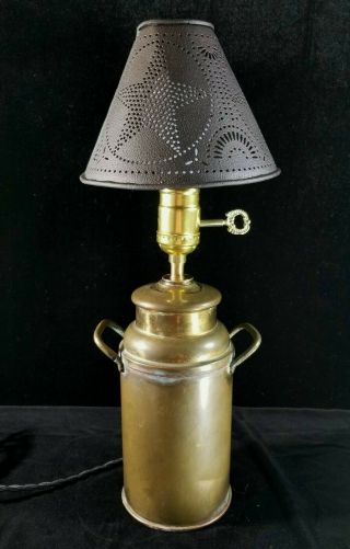 Vintage Newly Rewired Brass Lamp By Arrow Metal Ny W Punched Tin Shade 15.  5 Tall
