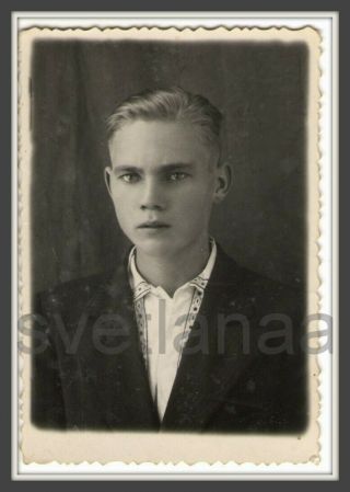 1950s Embroidered Shirt Handsome Young Boy Teen Blond Guy Soviet Vintage Photo