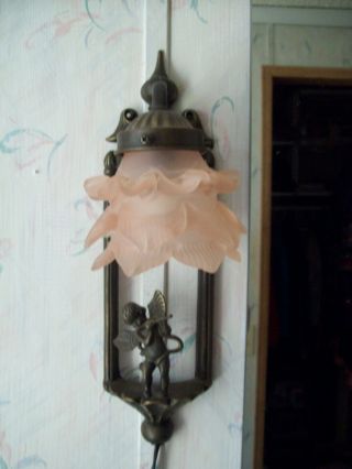 Vintage Bronze/brass French Cherub Wall Lamp Sconce W/ Glass Shade