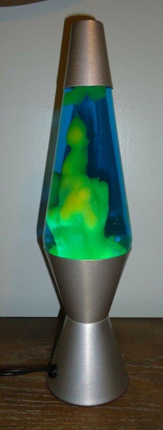 Vintage 1990s Lava Lamp Green Blue Liquid Glow Glass Bottle 14.  25 " Silver Base