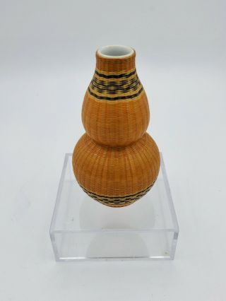 Vintage Mini Chinese Porcelain Vase Encased With Bamboo Lace Decorative 4  T