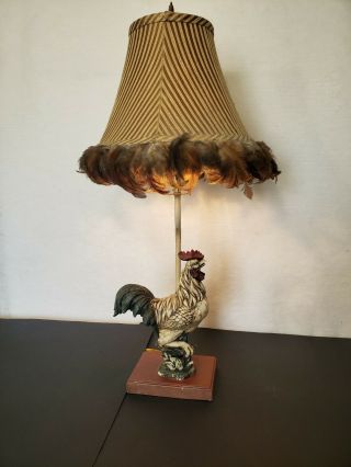 Fantastic Vintage Heavy Resin Rooster Lamp With Feather Fringe Shade
