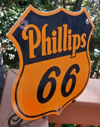 Vintage 1950s Phillips 66 Orange Shield Porcelain Metal Gasoline & Oil Sign