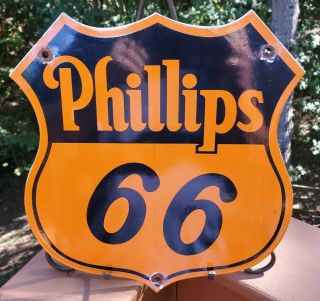 VINTAGE 1950S PHILLIPS 66 ORANGE SHIELD PORCELAIN METAL GASOLINE & OIL SIGN 2