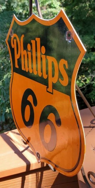 VINTAGE 1950S PHILLIPS 66 ORANGE SHIELD PORCELAIN METAL GASOLINE & OIL SIGN 3
