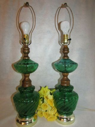Pair Green Color Swirl Design Glass With Wood Accents Table Lamps 30 " Tall 3 Way