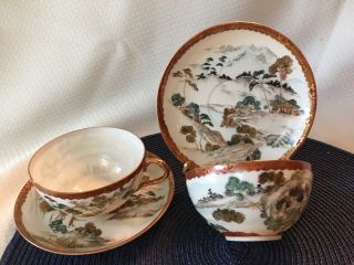 Antique Japanese Eggshell Porcelain Hand Painted Tea Cups And Saucers