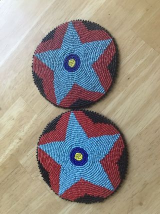 2 Native American Style 5 Inch Beaded Rosettes Blue Star Design Leather Back