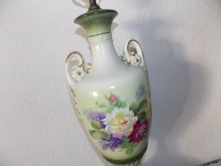 Vintage Hand Painted Floral Table Lamp Green Gold Accents