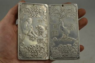 Old Handwork Miao Silver Carving Pair Zodiac Rooster & Monkey Special Pendant