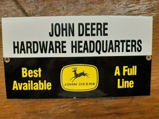 John Deere Hardware Headquarters Porcelain Sign Farm Tractor Plow Tools Gas Oil