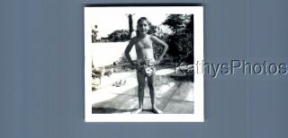 Found B&w Photo F,  4992 Boy In Swimsuit Posed By Pool With Hands On Hips