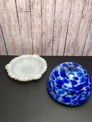 Vtg Cobalt Blue White Swirl Art Glass Fairy Lamp Shade Milk Glass Bottom Votive 2