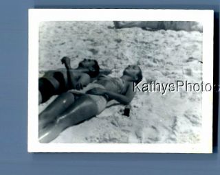 Found B&w Photo F,  4771 Man And Woman In Swimsuits Laying On Beach