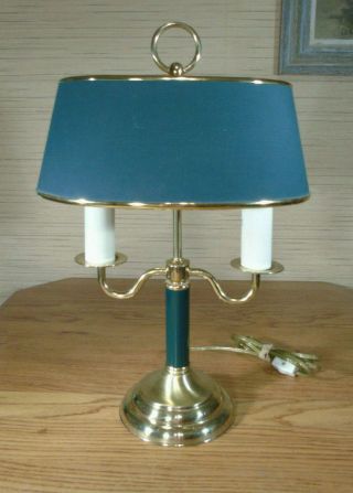 Vintage Brass Bouillotte Table Lamp 2 Candle Stick With Hunter Green Shade