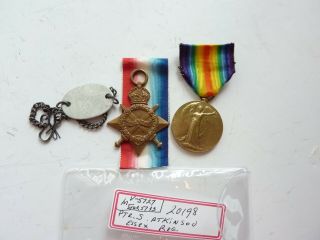 Wwi British Victory & 1914 - 15 Star Medal Issued,  20198 Pte.  S.  Atkinson,  Essex
