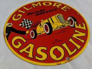 Old 1930 Gilmore Gasoline " The Record Breaker " Porcelain Enamel Gas Pump Sign