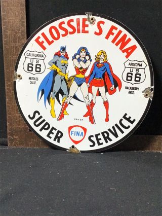 Rare Vintage Fina Porcelain Sign Wonder Woman Pinup Dc Comic Gas Oil 1967