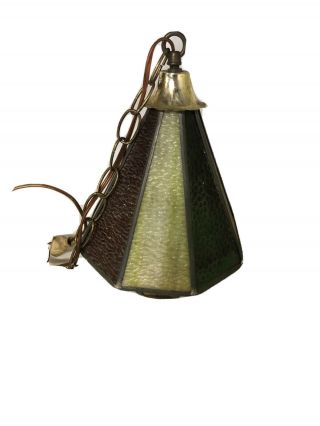 Vintage Retro Mid Century Modern Hanging Swag Slag Glass Lamp Light W/ Chain