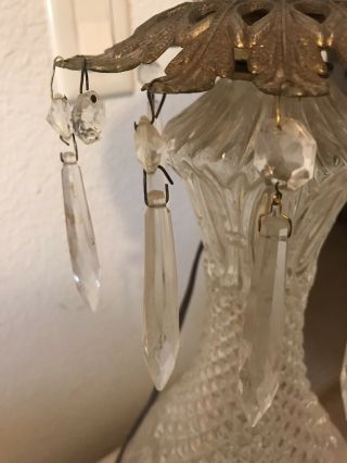 Vintage Crystal Cut Or Pressed Glass Lamp With Crystals And Brass