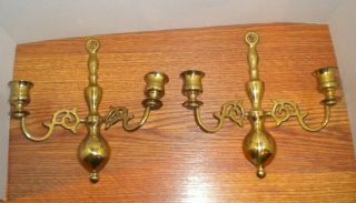 Set Of 2 Vintage Brass Double Candle Holder Wall Sconces (made In England)