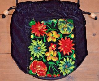 Handmade Black Velvet Bag Purse Embroidered Flowers,  Guatemala South America