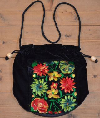 Handmade Black Velvet Bag Purse Embroidered Flowers,  Guatemala South America 2