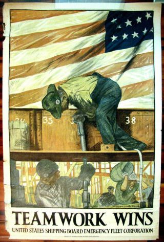 Large Wwi War Poster,  Teamwork Wins,  Kline,  1918