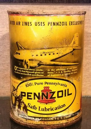 1940s Pennzoil One Quart Motor Oil Can United Airlines Plane & Owls