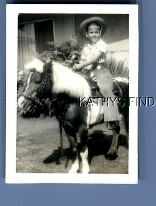 Found B&w Photo N,  5596 Little Boy In Hat Sitting On Pony