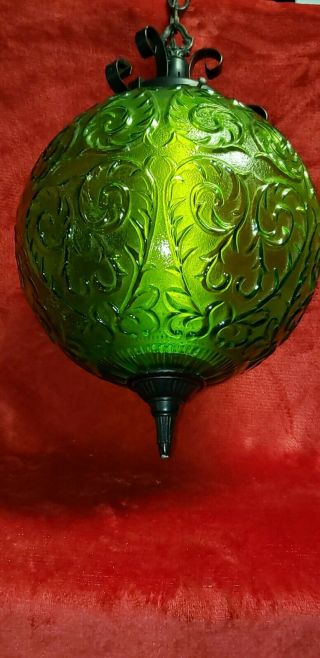 1960s Vtg MCM Mid Century Modern Green Glass Swag Hanging Lamp Light Diffuser 2