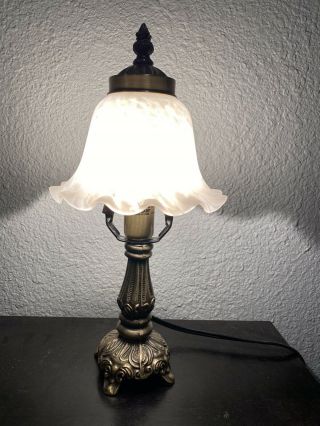 Vtg American Lighting Mini Table Lamp With Antique Brass Base & Decorative Glass