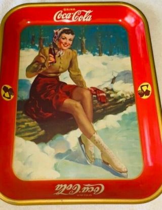 Rare: Coca Cola Co.  " Classic Period " Metal Tray: " Ice Skating Girl " 1941 Exc