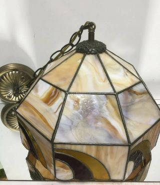 VTG.  Arts & Crafts Stained Glass Slag Glass Hanging / Table Lamp Light Shade 3