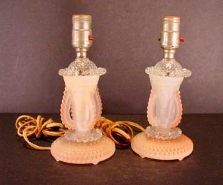 Elegant Ornate Hobnail Crystal Peach Pink Dresser Lamps C1940 