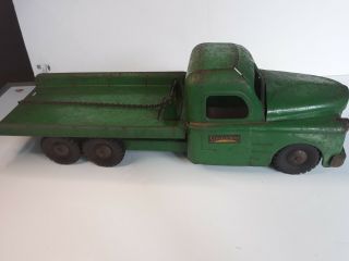 Vintage Structo Toys Rare Green Pressed Steel Tow Truck Wrecker Flatbed