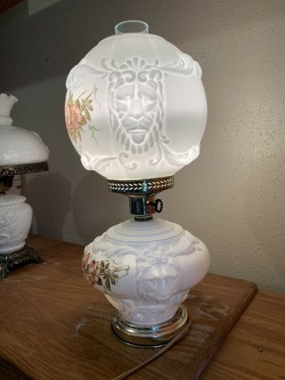 Vintage Gone With the Wind Parlor Lamp Embossed Roses Milk Glass w/ Lionns Head 2