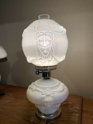 Vintage Gone With the Wind Parlor Lamp Embossed Roses Milk Glass w/ Lionns Head 3