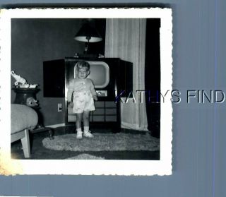 Found B&w Photo N,  5781 Little Boy Posed By Old Tv