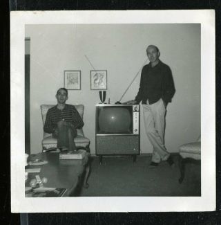 Vintage Photo Mid Century Living Room Old Television Rabbit Ear Antenna