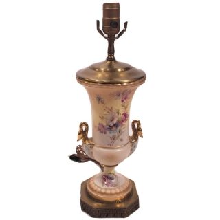 Vtg Romantic Hand Painted Floral Ceramic Urn Vase Handles Table Lamp Brass Base