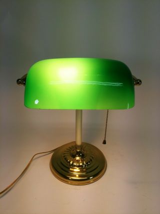 Vintage Bankers Office Desk Lamp with Green Glass Shade and Brass Base 2