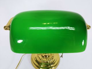 Vintage Bankers Office Desk Lamp with Green Glass Shade and Brass Base 3