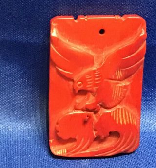 Vintage Asian Red Stone Pendant Bird Of Prey Swooping Into Water