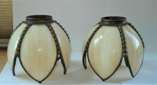 2 Vintage Petite Brass & Slag Glass Tulip Light Lamp Shades