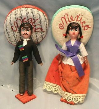 2 Dolls Mexico Mexican Handcrafted Folk Art Souvenir Handmade Ethnic Plastic Toy