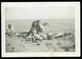 Vintage Photo Cute Couple Picnic On The Beach Picnic Basket 1940 