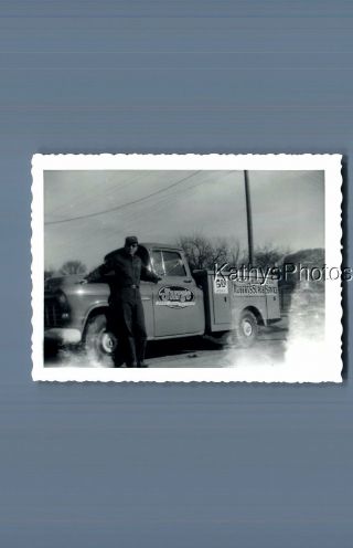 Found B&w Photo F,  3879 Man Posed On Side Of Work Truck,  Surge Dairy Farm