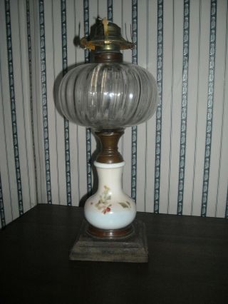 Antique Victorian Oil Lamp Hand Painted Milk Glass And Cast Iron Base