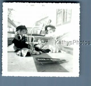 B&w Photo F,  3087 Girls In Dresses And Hats Sitting On Patio Playing